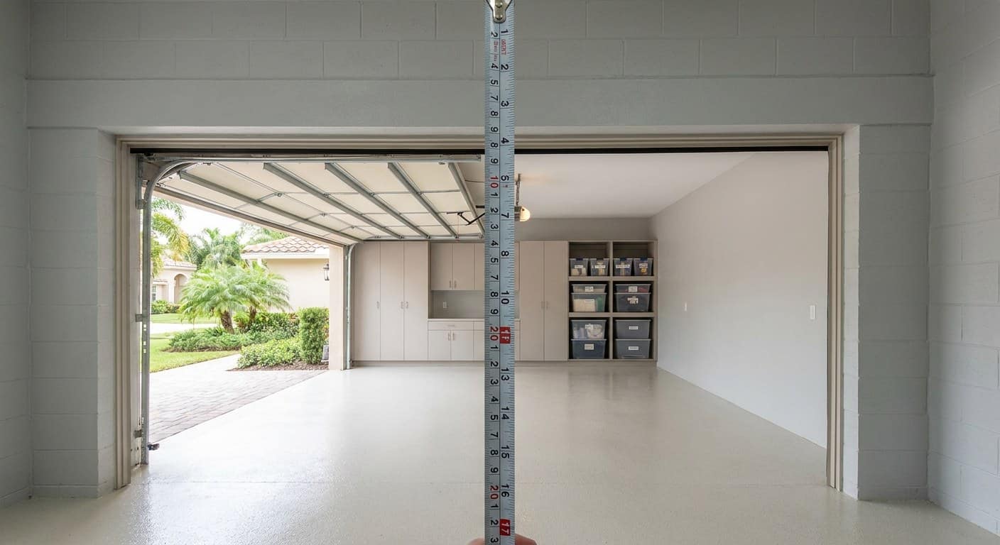 Interior view of an empty garage opening with a tape measure held vertically against the header, showing the headroom above the opening