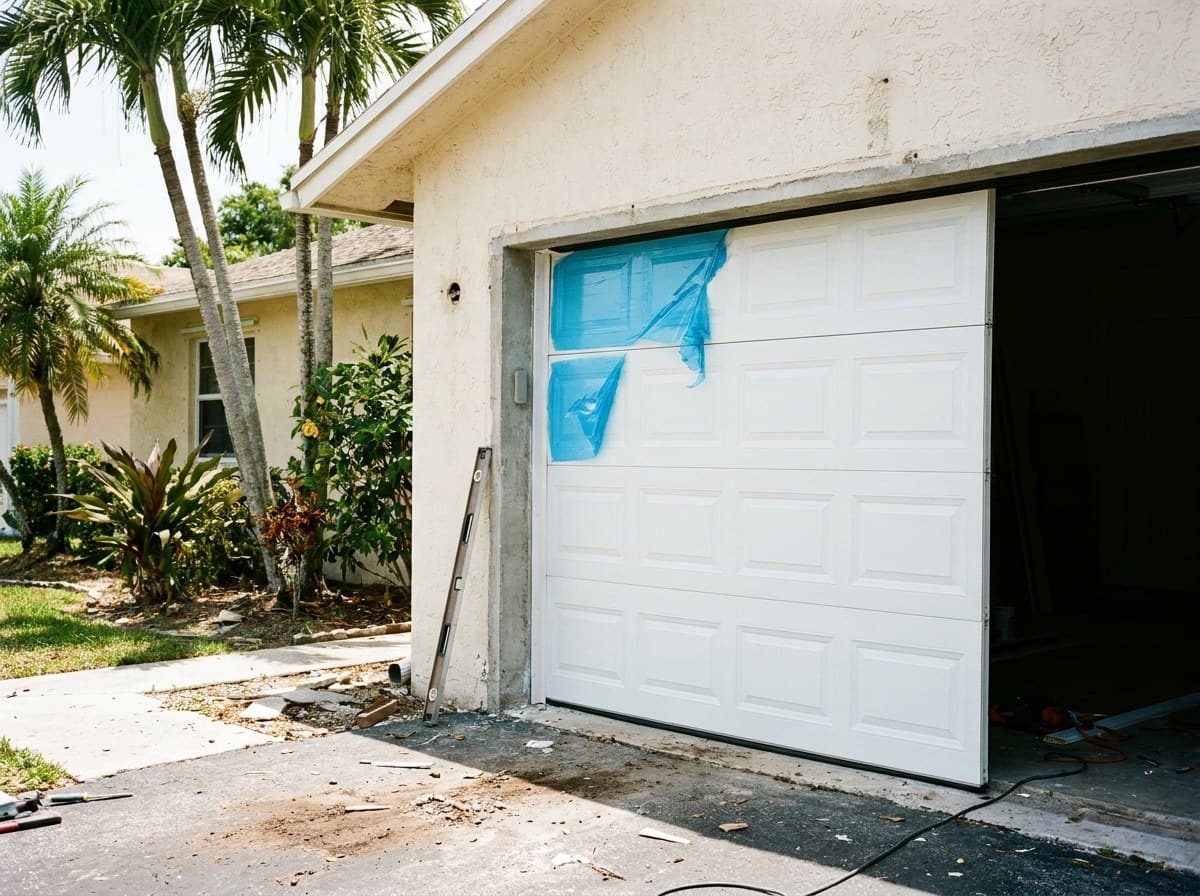 Brand-new white sectional garage door freshly fitted into the opening of a stucco home, protective film partly peeled from one section