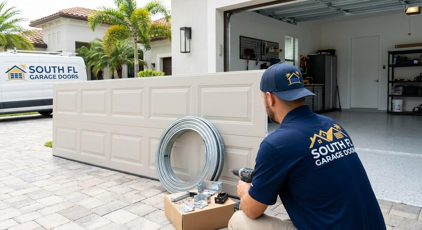 New garage door section beside a coiled length of track and a box of hardware on a driveway