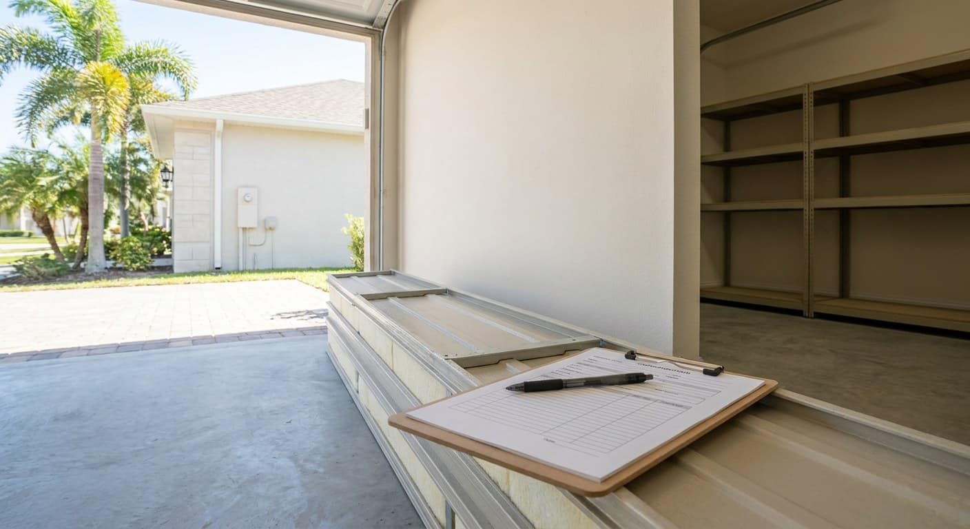 Printed inspection sheet on a clipboard resting on a new garage door section, a pen across it