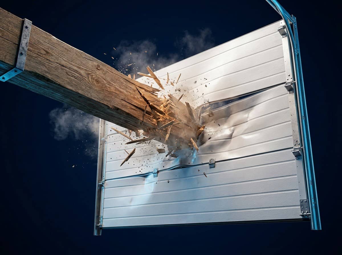 Wooden 2x4 timber shattering against a white sectional garage door panel during a large-missile impact test