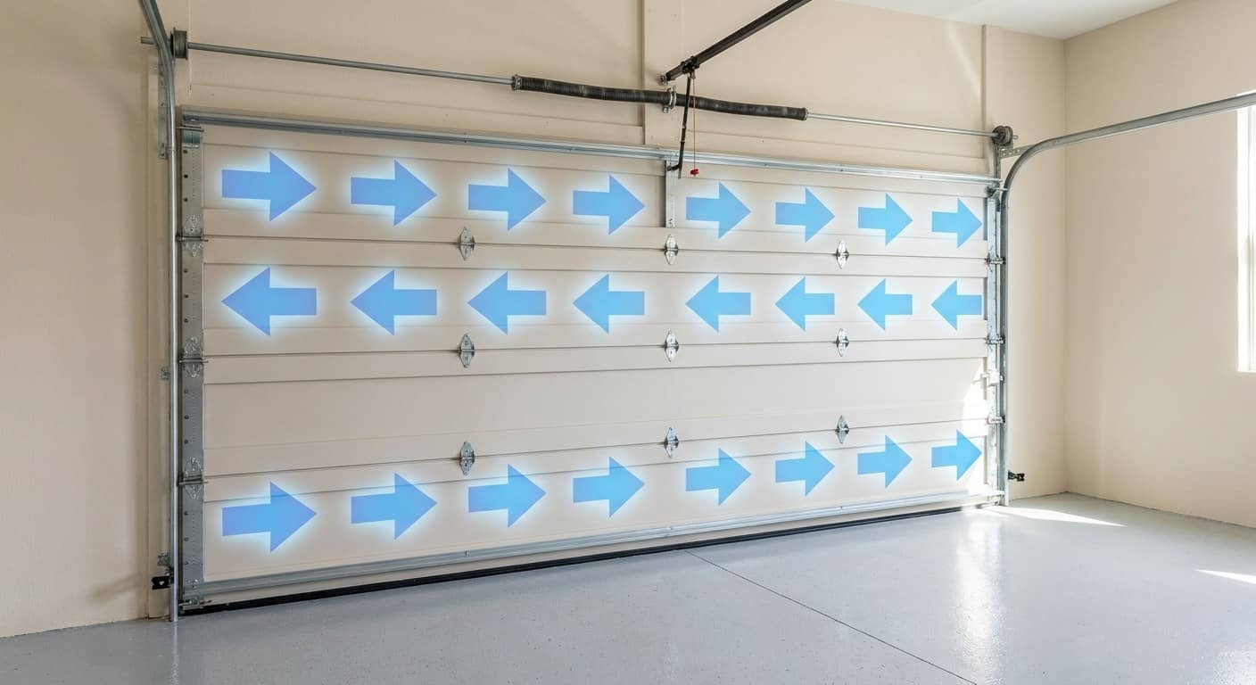 Closed sectional garage door seen from inside with rows of blue force arrows pressing on the panels, illustrating sustained static pressure