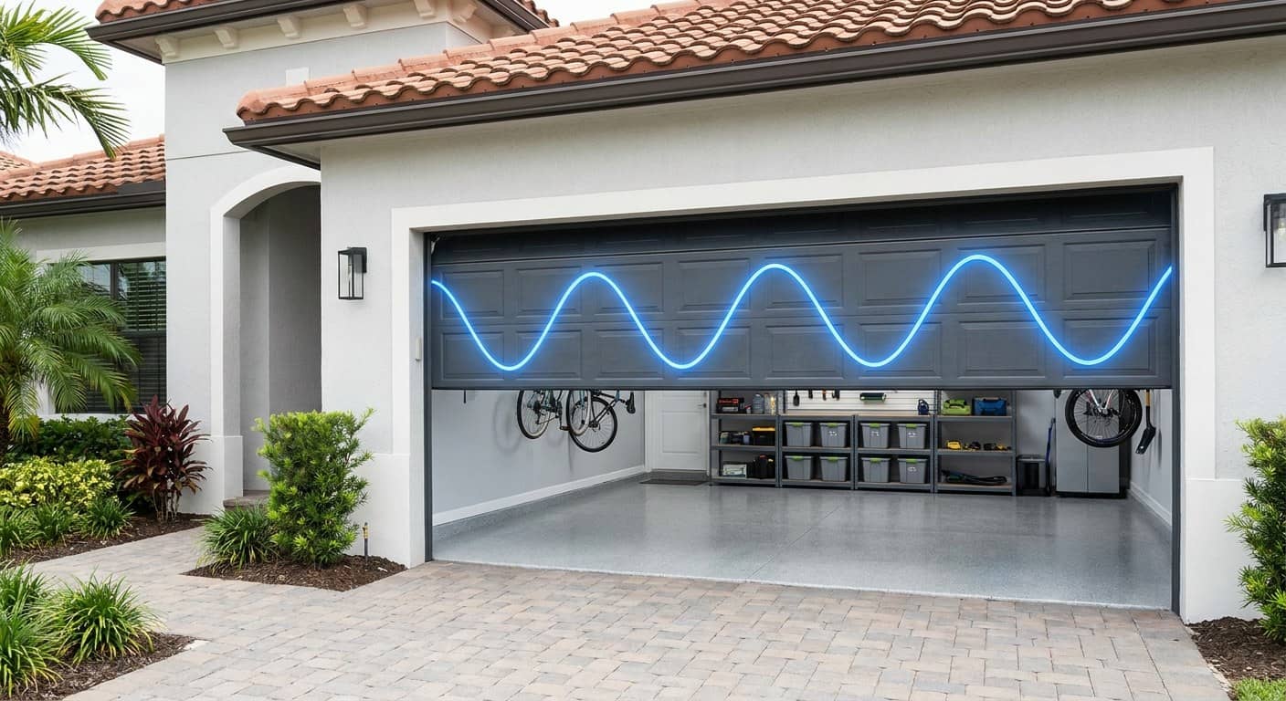 Dark garage door with a glowing blue sine wave across its face, illustrating thousands of pressure reversal cycles