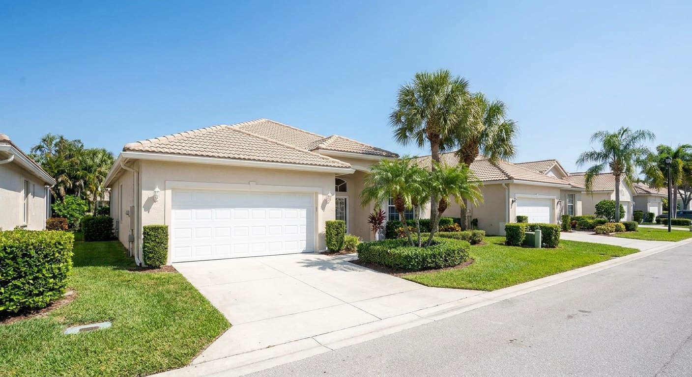 Street of one-story stucco houses in west Miami-Dade, each with a sectional garage door facing a concrete driveway
