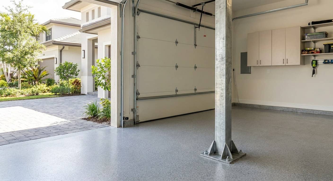 Poste vertical galvanizado de carga de viento, del piso al dintel junto a una puerta de garaje, atornillado con placa base al piso de concreto