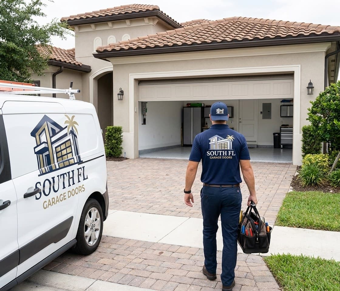 South FL Garage Doors technician in a navy polo and cap, seen from behind, carrying a tool bag up the paver driveway of a South Florida family home toward the open garage, the branded service van at the curb