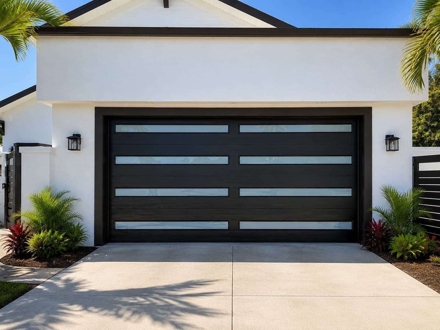 New garage door installation in Aventura — modern black garage door with frosted glass bands fitted to the same opening
